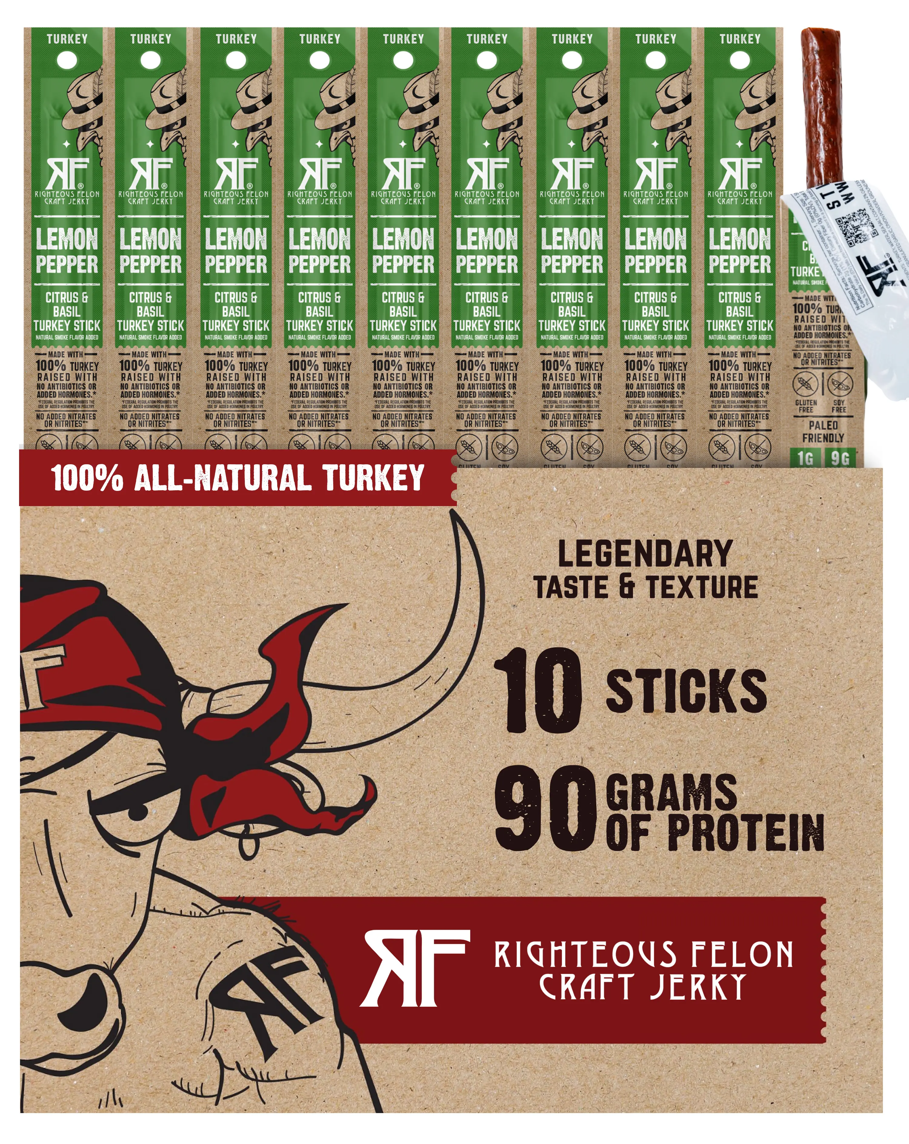 Lemon Pepper Turkey Stick 10-Pack - Zesty Citrus Basil Flavor, Protein Snack by Righteous Felon