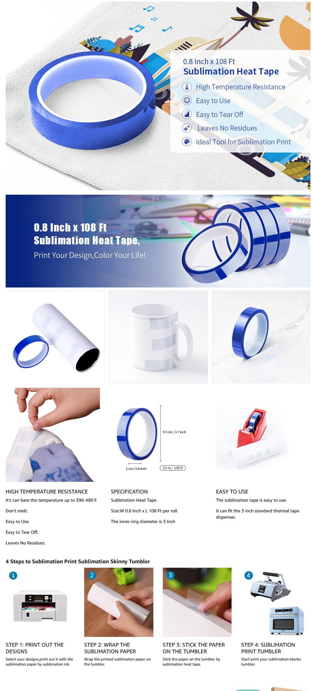 PYD Life 4 Rolls 0.8 Inch x 108 Ft Sublimation Blanks Thermal Heat High Temp Resistant Tape Up to 250 C(480 F) for Sublimation Tumblers Cups T-Shirts Printing
