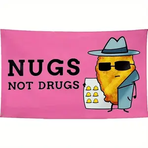 Funny Cartoon Flag Pink Polyester Funny "Nugs Not Drugs" Cartoon Flag |           Double-line Stitched Durable Wall Hanging Decoration for Bedroom and Indoor Space, Humorous Decoration |           Playful Design 60X 40inch TapestryTapestry Decor