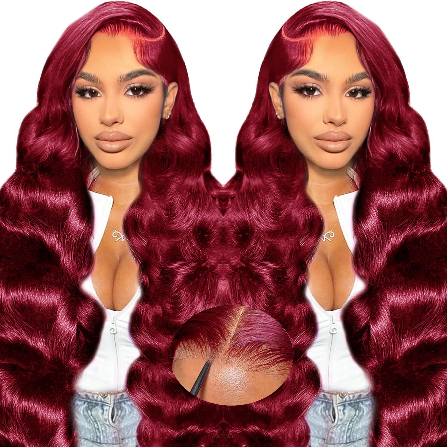Bling Hair Body Wave 9x6 Glueless Wig Burbundy #99j Colored Preplucked Remy Brazilian 7x5 Lace Closure HD Lace No Tangling No Shedding 180 Density Wig