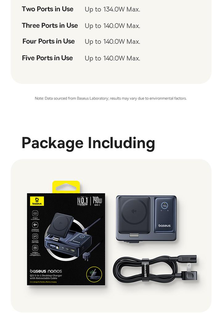 Baseus NOMOS 5-in-1 Desktop Charger 3C+U 140W US Qi2 Wireless Charging+Retractable Cable+Digital Display