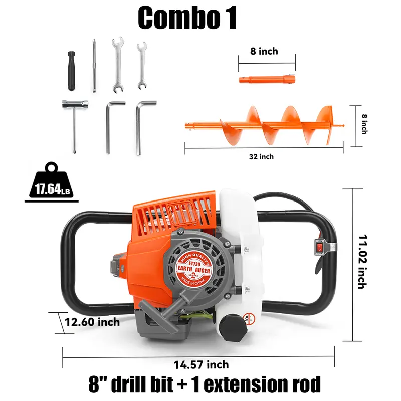 72cc earth auger package with an 8-inch drill bit and one extension rod