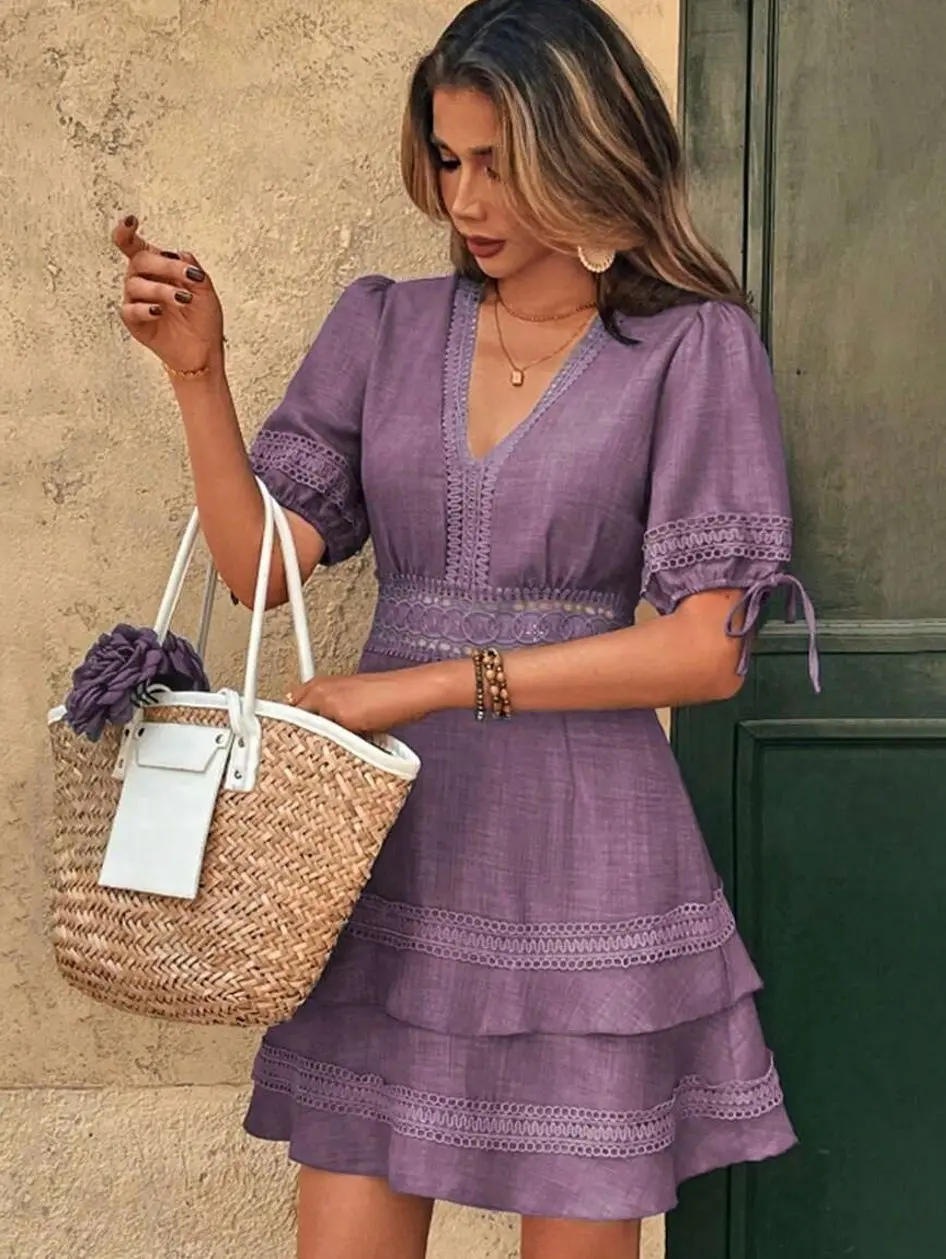 EMERY ROSE Women's Solid Color V-Neck Ruffled Trim Puff Sleeve Waisted Summer Dress