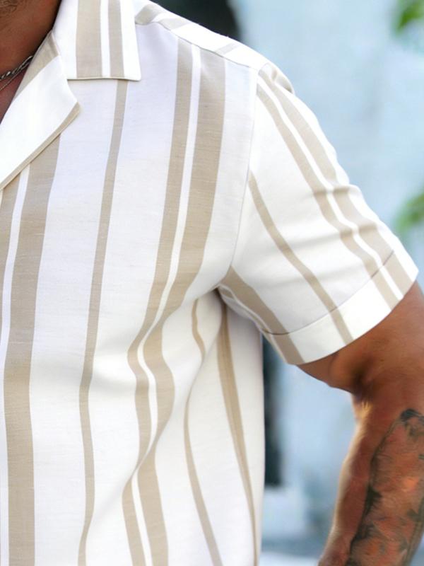 Men’s Lightweight Short-Sleeve Summer Shirt with Turn-Down Collar, Trendy Casual Striped Vacation Beach Fashion Shirt