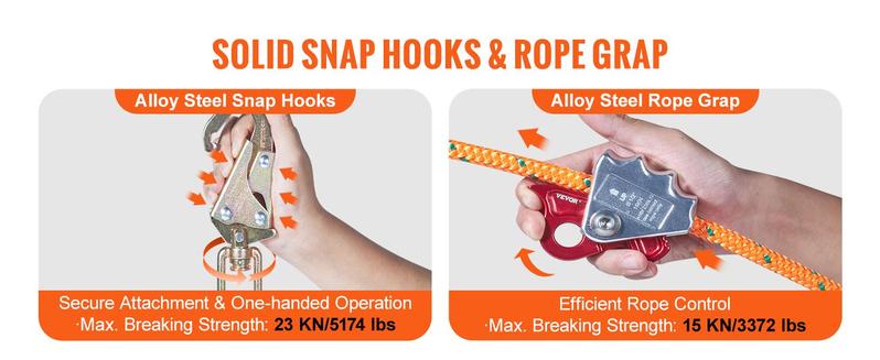 VEVOR Steel Core flipline,  1/2" x 8' Arborist Flipline, Flip Line for Tree Climbing with Alloy Steel Snap Hook, Aluminum Alloy Carabiner and Extra Tool Lanyard, for Arborist, Tree Climbers