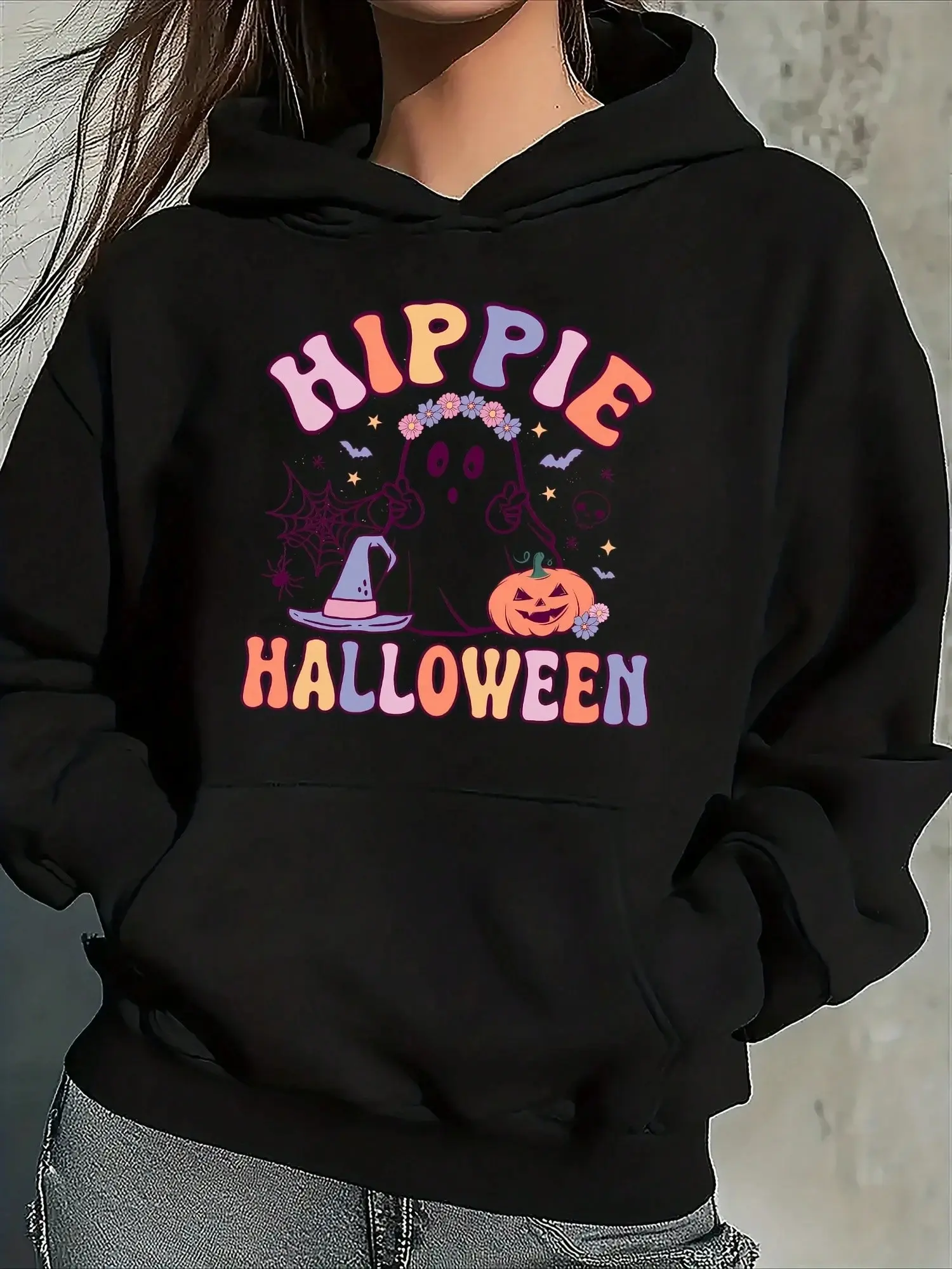 Women'S Halloween Hooded Sweatshirt Hippie Graphic Print With Bats, Pumpkins Spiders, Kangaroo Pocket, Long Sleeve Casual Pullover, Cozy Fall Wint