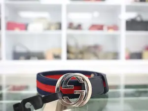 Pre-owned GUCCI WEB D RING NAVY BLUE AND RED CANVAS BELT 38