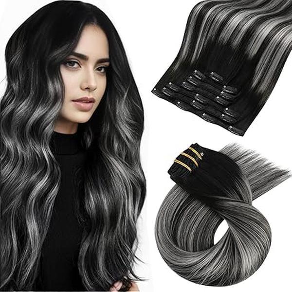 MORESOO Clip-in Hair Extensions Remy Human Hair Natural Straight 10-28inch Invisible Seamless Color Blend Easy Wear Blac