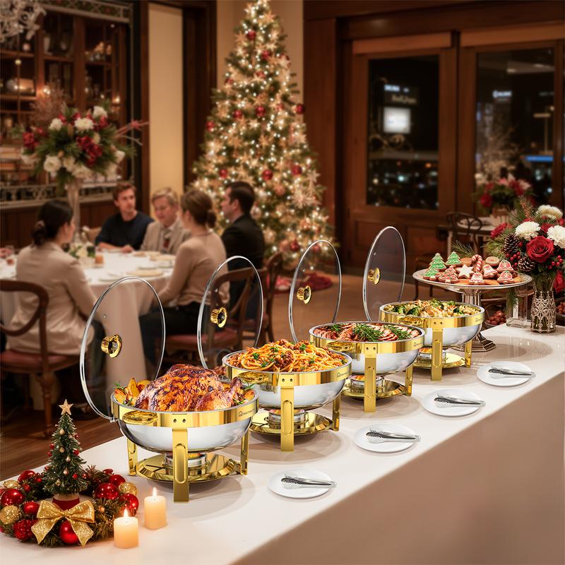 WARMOUNTS 5QT Gold Chafing Dishes for Buffet with Glass Lid, Round Stainless Steel Chafers and Buffet Warmers Sets with Lid Holder, Rolled Edge Design, for Catering Events, Parties, Weddings (2/4Pack)