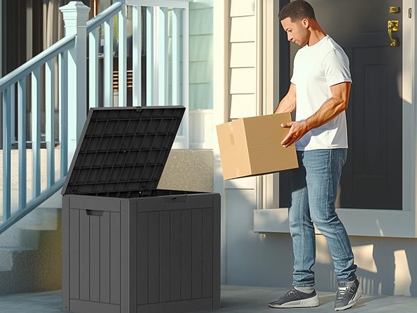 31 Gallon Deck Box, Lockable Outdoor Storage Box Indoor and Outdoor Use, Waterproof Resin Package Delivery Box 31 Gallon Deck Box, Lockable Outdoor Storage Box Indoor and Outdoor Use, Waterproof Resin Package Delivery Box