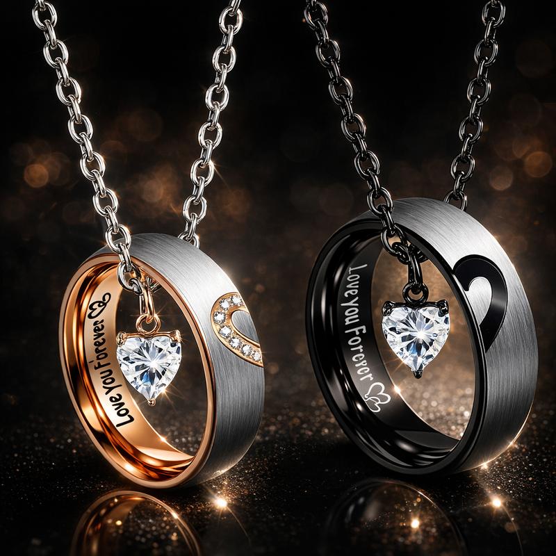 September  Couple Necklace Set with Matching Split-Heart Ring Pendants for Him & Her, Interactive Design, Minimalist Commemorative Jewelry, Valentine’s Day & Birthday Gift for Girlfriend and Boyfriend