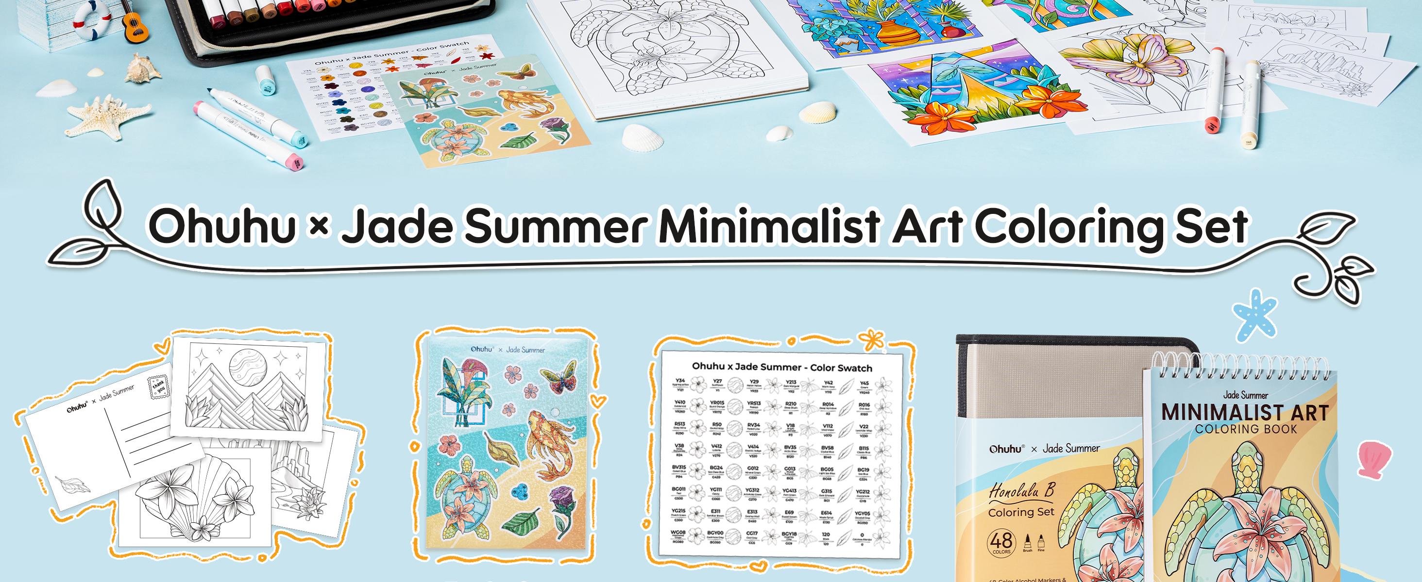 Ohuhu x Jade Summer Coloring Set: Brush & Fine Dual Tips - 47-Color - 47 Alcohol Markers & Coloring Book | Co-branded Coloring Kit,  Alcohol Markers Coloring Set for Stress Relief - Honolulu B Series of Ohuhu