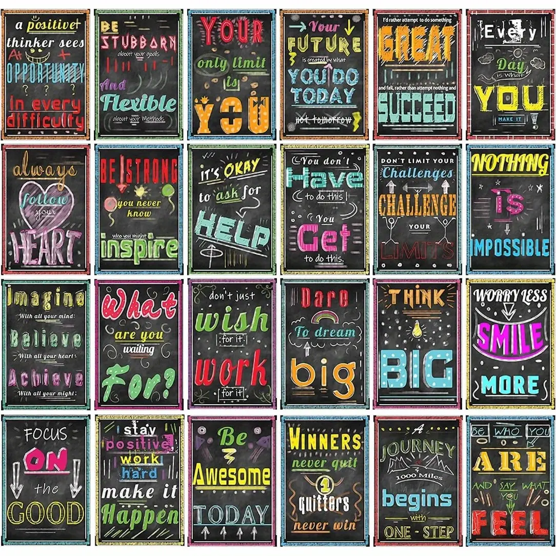 24pcs Frameless Motivational Posters for Middle and High School Classroom Office Decorations Inspirational Quotes Print Growth Mindset Wall Art Unframed Art Print for Teachers Students School Decoration Items 8*10inches