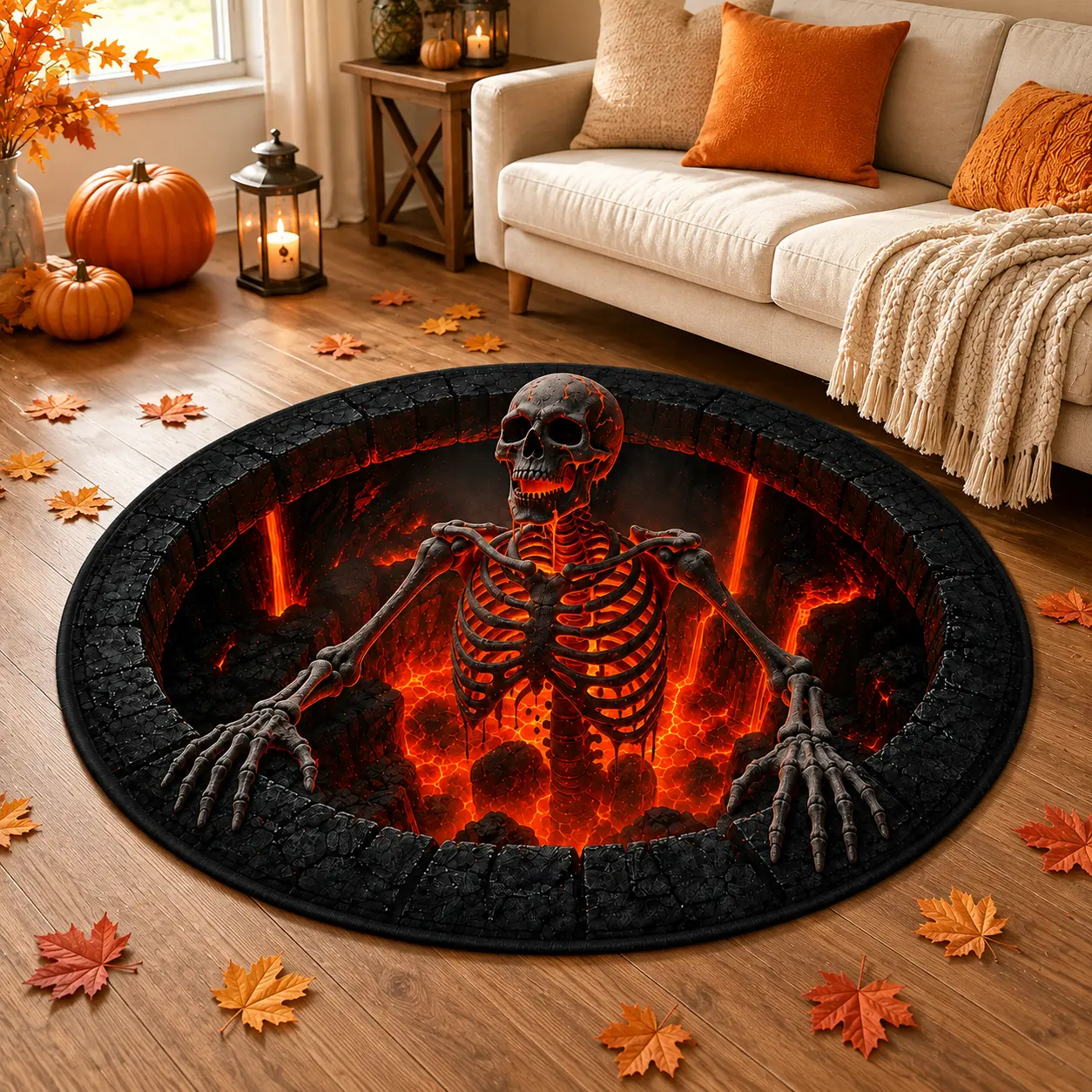 Halloween 3D Skeleton Round Rug, Fiery Lava Pit Optical Illusion Floor Mat, Spooky Non-Slip Washable Indoor Rug for Living Room, Bedroom, Entryway & Halloween Decor
