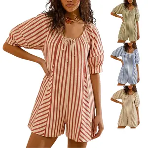 Mundoven Womens Oversized Striped Romper Dress Shorts Jumpsuit Travel Outfit Beach Vacation Clothes with Pockets