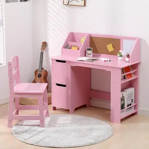 Desk and Chair Set with Storage Hutch and Bulletin Board, Wooden Children Study Table, Student School Learning Writing Desk for Bedroom & Study Room