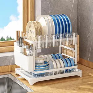 Multifunctional Dish Drying Rack - Rustproof 2-Tier Stainless Steel Dish Racks with Drainboard Space-Saving Design Utensil & Cup Holder for Kitchen Counter White