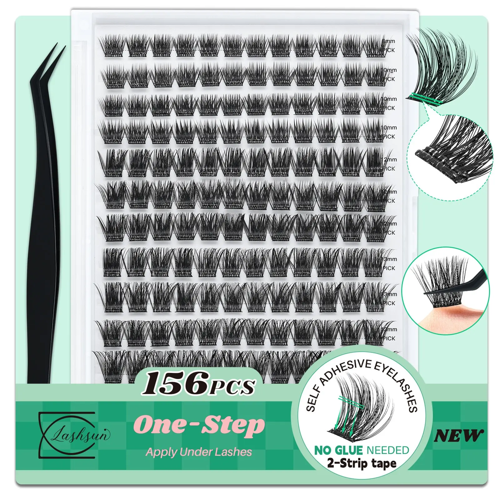 Lashsun Self Adhesive Eyelashes, Makeup 156 Pcs D Curl Self Adhesive Eyelash Clusters, No Glue Needed, Invisible 2-Strip Tape - Longer Lasting, No Sticky Residue Pre Glued Eyelashes, Preglued Lash Clusters
