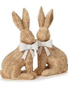 Twice the Charm Resin Decor Set - 9.25" x 5.5" x 3.25" Intricate Weave Pattern Bunnies with Bow for Mantel Entryway or Holiday Centerpiece