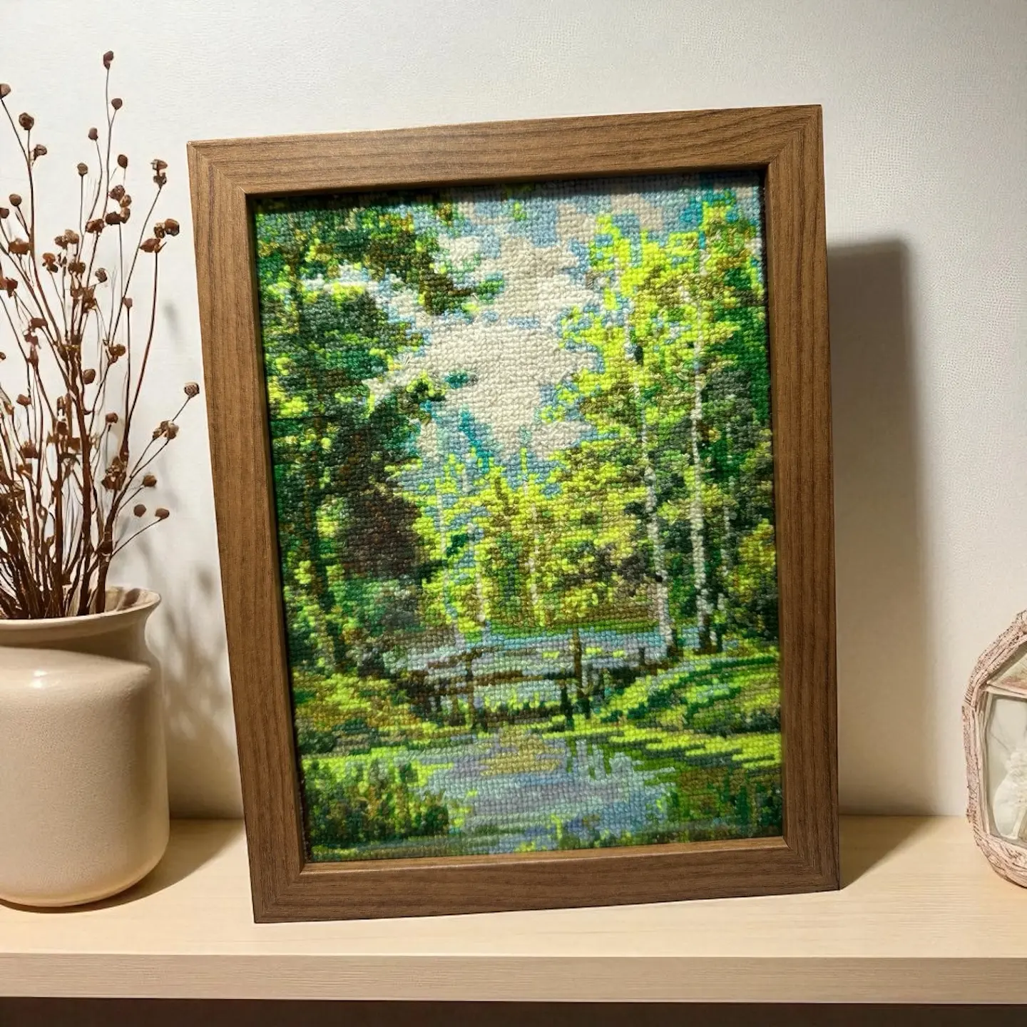 Embroidered Picture Birch Grove Acrylic Artwork in Wooden Frame Nature Scene Decor Photo