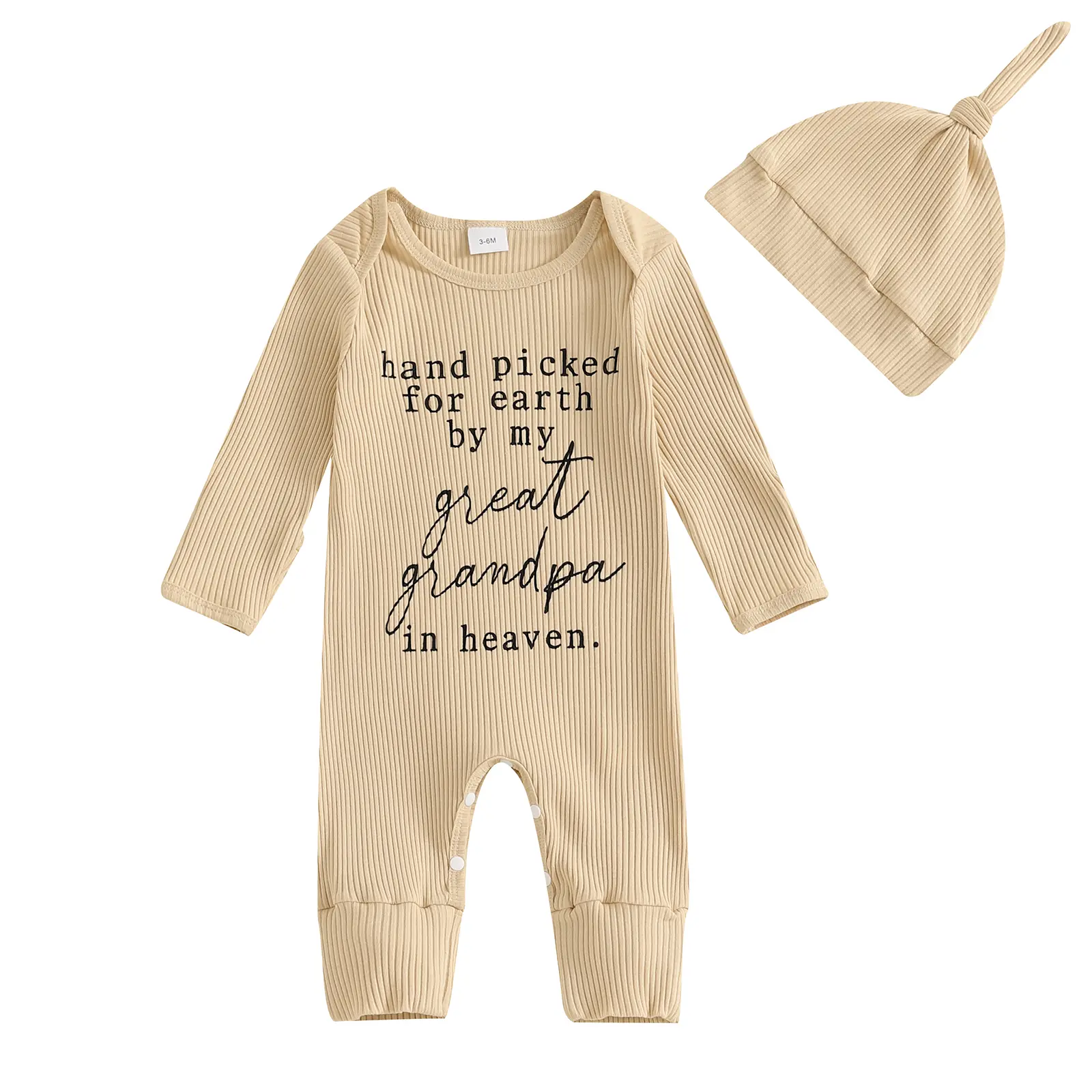 Newborn Baby Ribbed Bodysuit - 95% Cotton, Long Sleeves, Boys Unisex, Cute Basic, "Hand Picked for Earth By My Great Grandma Grandpa In Heaven" Design, Summer Vibes Coveralls, Jumpsuit Set