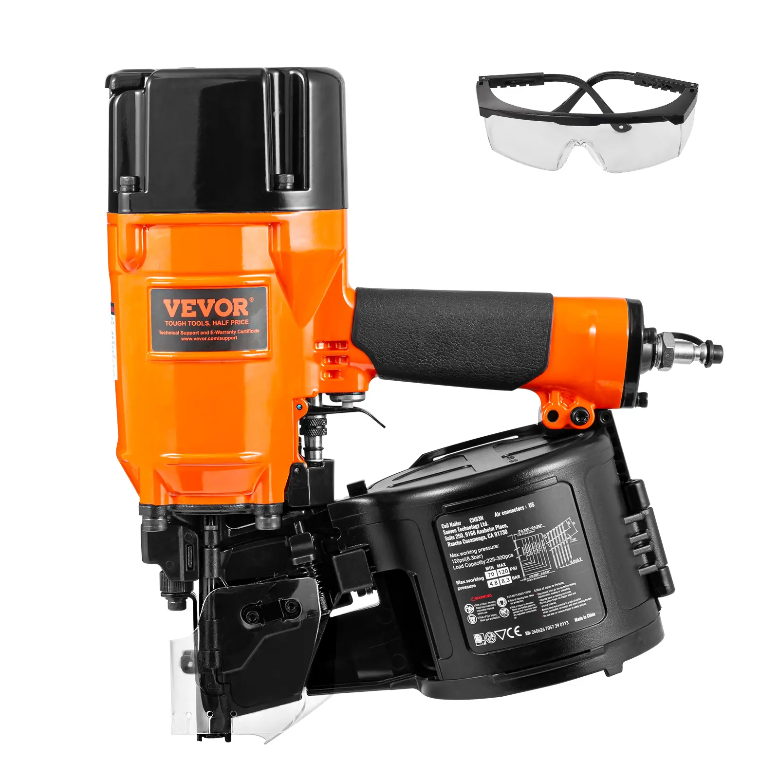 【Summerfinds】VEVOR CN83N 15-Degree Pneumatic Coil Siding & Framing Nailer, 2"-3-1/4" Nails, Tool-Less Depth Adjustment, 70-120PSI Pressure, Portable Handle, Bump Fire Mode, High Load Cap, Power Tools for DIY Decking & Construction Fencing, Nailgun