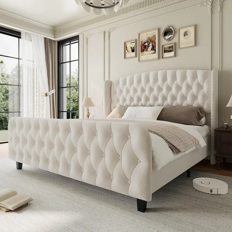 Tall Queen Size Bed Frame with Deep Button Tufted Wingback Headboard and Footboard, Velvet Upholstered Platform Bed Frame, No Box Spring Needed,Cream