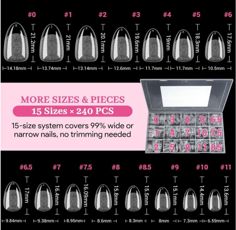 Short Almond Nail Tips - 15 Sizes 240 PCS Half Matte Full Cover Clear Fake Nails Pre-shaped Press On False Nail Tips Acrylic Soft Nail Gel Tips No C Curve Extension Manicure Home DIY Gelly Tips