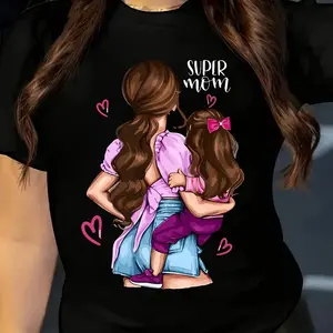 Super Mom & Daughter Heartfelt Graphic Tee Printed Crewneck T-shirt Made In USA For Women For Men [SaffronSequin 180G/230G 100% cotton short-sleeve/hoodie, soft and comfortable]