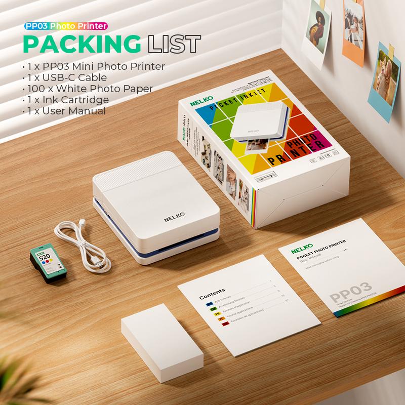 Nelko Pocket PP03 Instant Smartphone Inkjet Photo Printer With 100 Photo Papers, Portable Mini Color Wireless Mobile Printer, Bluetooth Compatible with iOS & Android Devices, Fun Editing App, Ideal Valentine's Day Gift