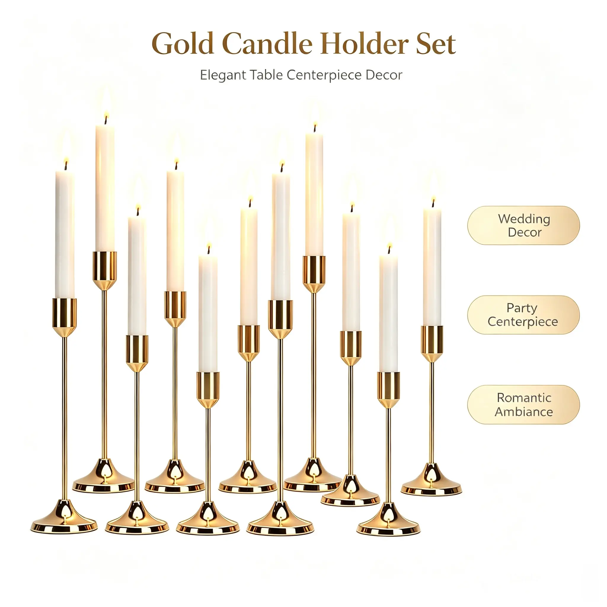 12Pcs Gold Metal Taper Candle Holders, Slim Modern Minimalist Candlesticks, Table Centerpieces for Wedding, Christmas, Fall, Halloween, Ceremony, Birthday & Home Decor, Candles Not Included