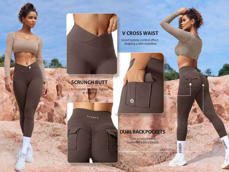 YEOREO Leggings with Pockets for Women Charm Leggings Workout Leggings for Women V Cross Waist Butt Lifting Gym Yoga activewear exercise walking Sports Bottoms Fitness Training Pant