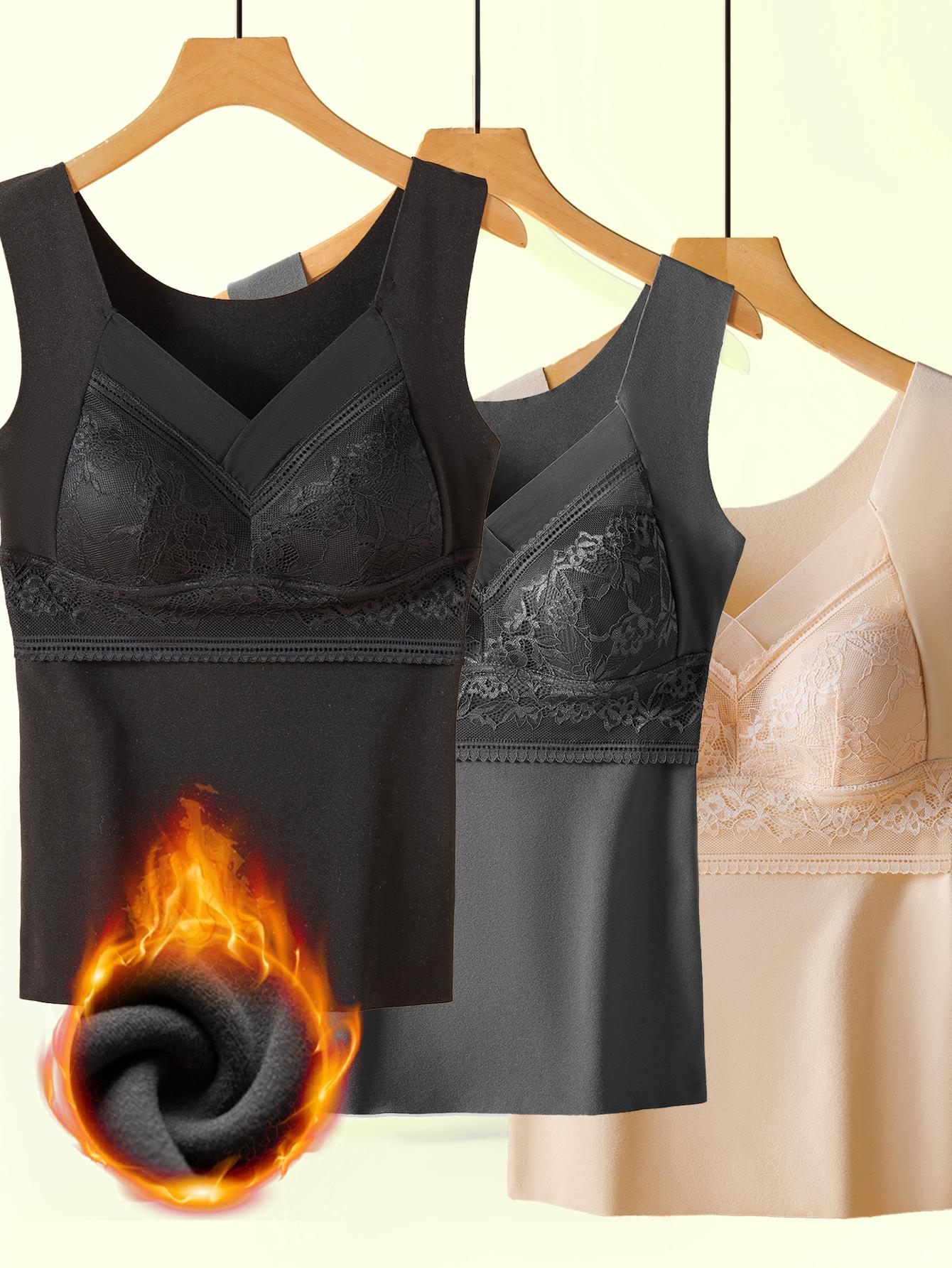 3-Pack Women's Autumn Winter De Velvet Thermal Lace Underwear V-neck Sleeveless Built-in  Soft Warm Breathable Skin-friendly Elastic Sexy Daily Wear Thermal Underwear Fall Casual Elegance