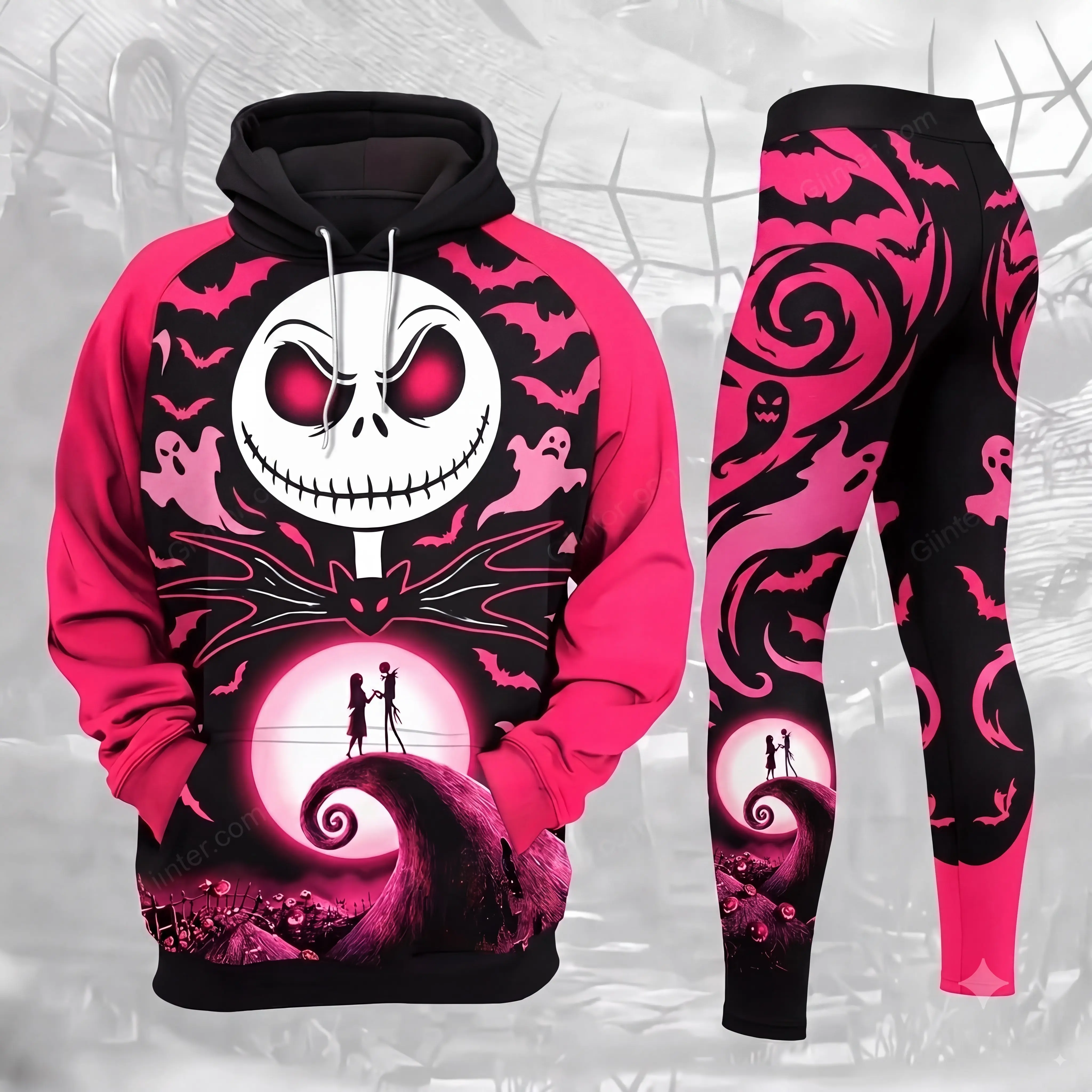 Halloween Pink Hoodie And Leggings Set, Cute Spooky Season Nightmare Halloween Tracksuit, Aesthetic Autumn Graphic Outfit