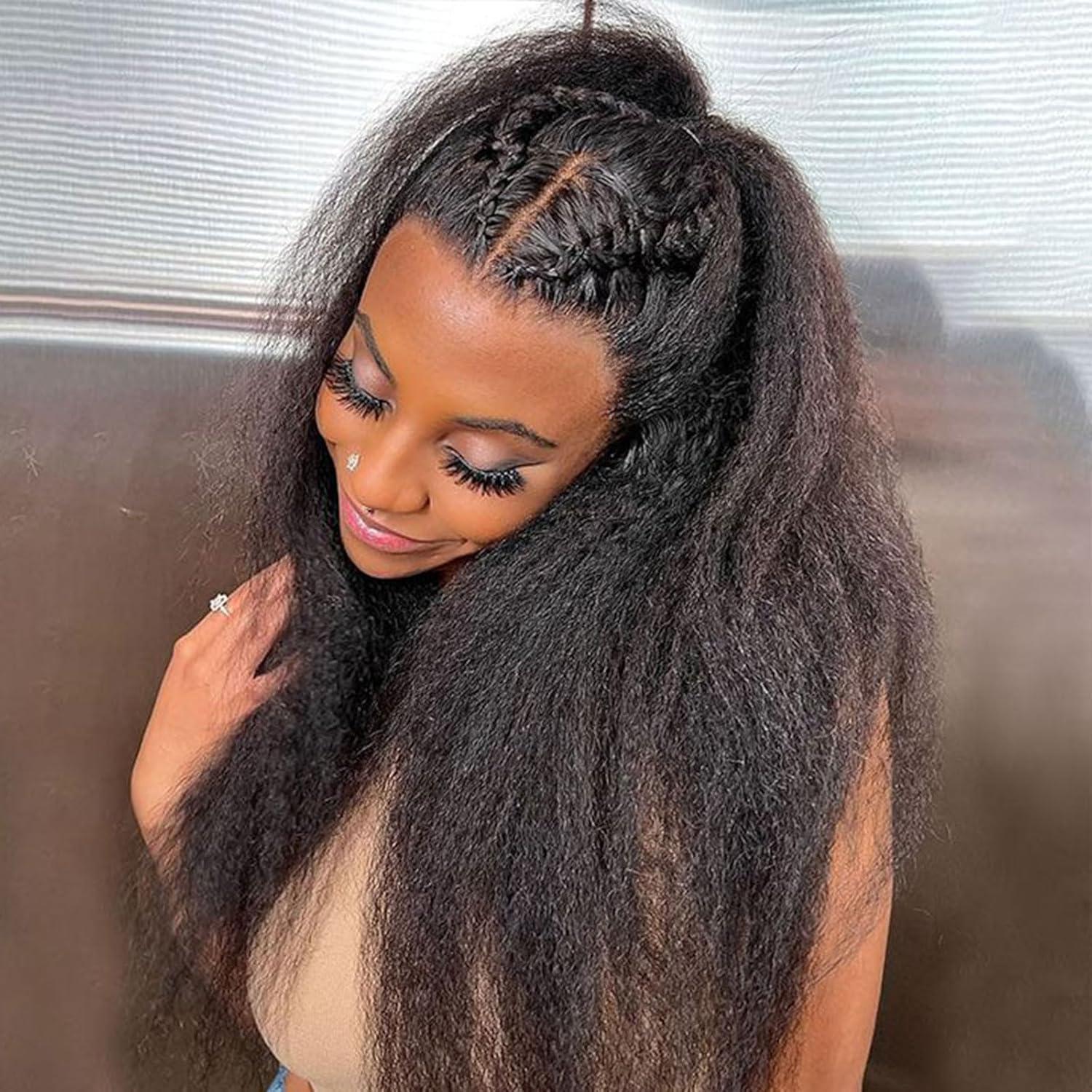 Bling Hair 180 Density Kinky Straight Glueless 360 Lace Frontal Wigs for Black Women 13x6 HD Lace Frontal Wig Preplucked Natural Black Color Soft Healthy Full Density