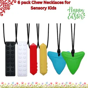 6 Pack Silicone Sensory Chew Necklaces for Kids & Adults – BPA Free Chewy Fidget Toy for Autism Sensory Needs, Oral Motor Chew Necklace for Stress Relief, Easter Basket Gift