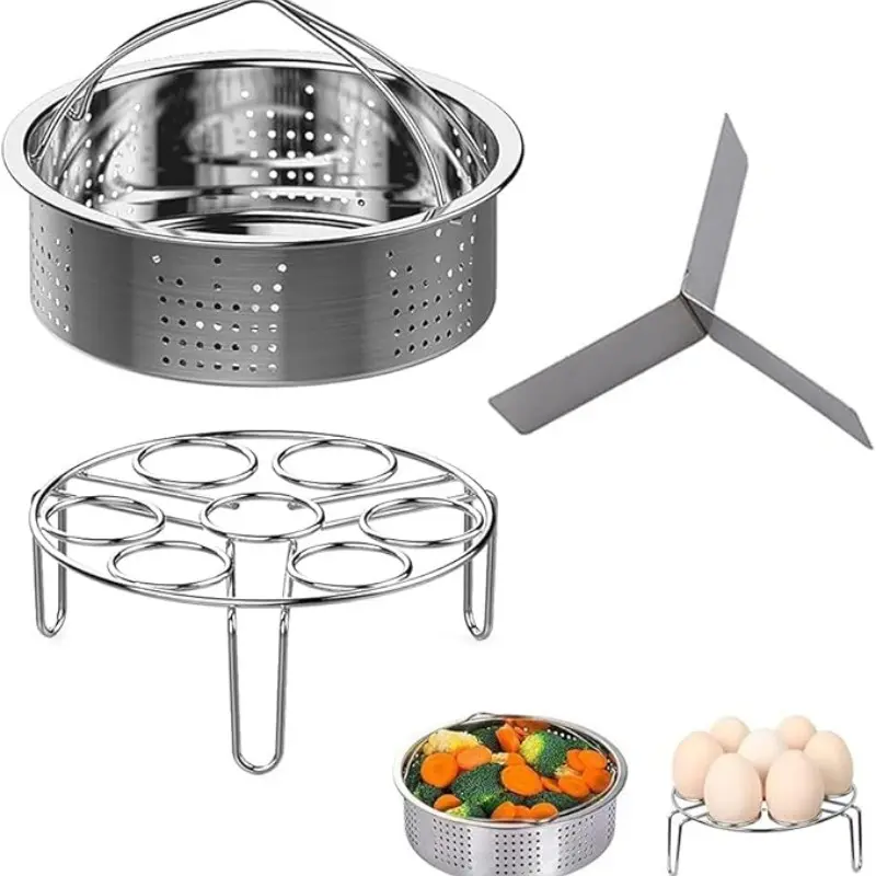 Steam Basket Set, Three-Piece Pressure Cooker Accessories, Includes Steam Basket, Vegetable Steamer, Egg Steam Basket, Trivet, 5-8 Quarts, 4/5/6 Liters