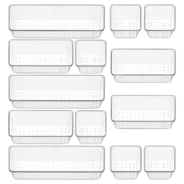12-Piece Clear Drawer Organizer Set | 3 Sizes Storage Bins & Vanity Trays for Makeup, Jewelry, Cosmetics & Gadgets | Multipurpose Drawer Dividers for Office, Kitchen, Bedroom & Bathroom