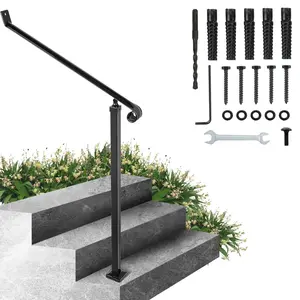 2-3 Step Outdoor Wrought Iron Handrail – Black Stair Railings for Steps, Wall & Floor Mounted with Installation Kit