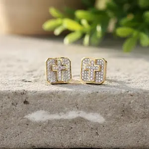 King of Blings-925 Sterling Yellow Silver 0.25ct Real Diamond Women's & Men 's Square Earrings