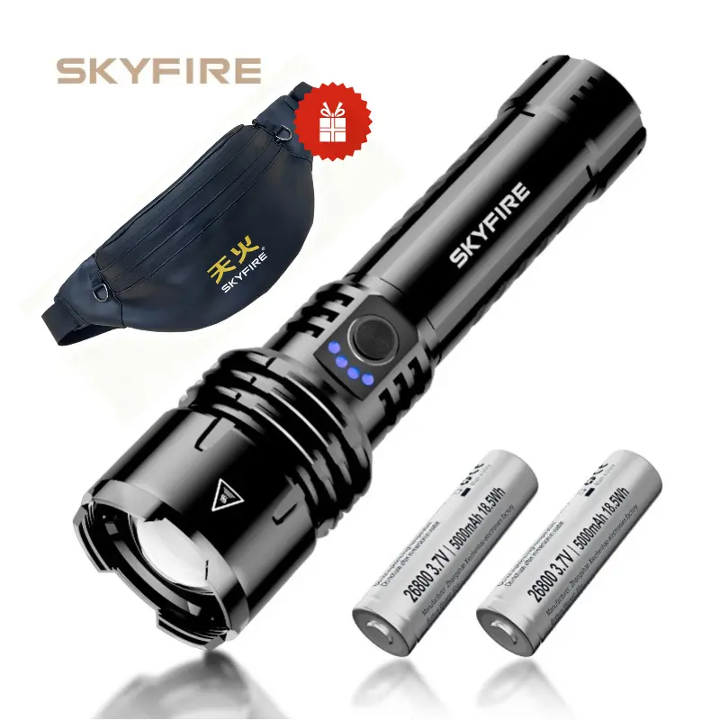 SKYFIRE 1376 LED Flashlight — high-lumen brightness, ultra-bright and rechargeable, featuring adjustable zoom and five lighting modes. A must-have for camping, perfect for both outdoor and home use#Summervibes
