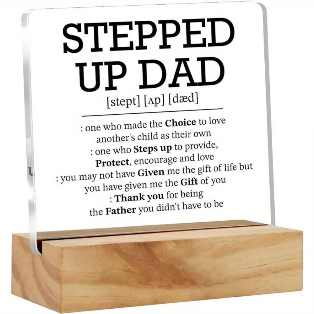 Acrylic Desk Decor Plaque Sign with Wooden Stand - Modern Stepped Up Dad Definition, Funny Appreciation Gift for Bonus Dad, Any Desk Display (Home Decor)