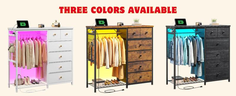 Raybee 49.2"-51.2" White Dresser for Bedroom with Hanging Rack, 6-10 Drawer LED Dresser with Charging Station, Modern Fabric Chest of Drawers with Wooden Top & Grid Panel, Premium Closet Storage Organizer