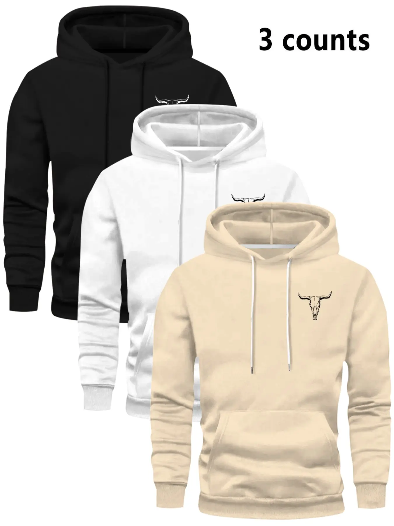 Men's Bull Head Print Fleece Premium Hoodie Sweatshirts Long Sleeve, Casual Hooded Sweatshirt, Casual Unisex Letter Pattern Graphic, Fall & Winter Fitted Pullover, 3 Pack Set