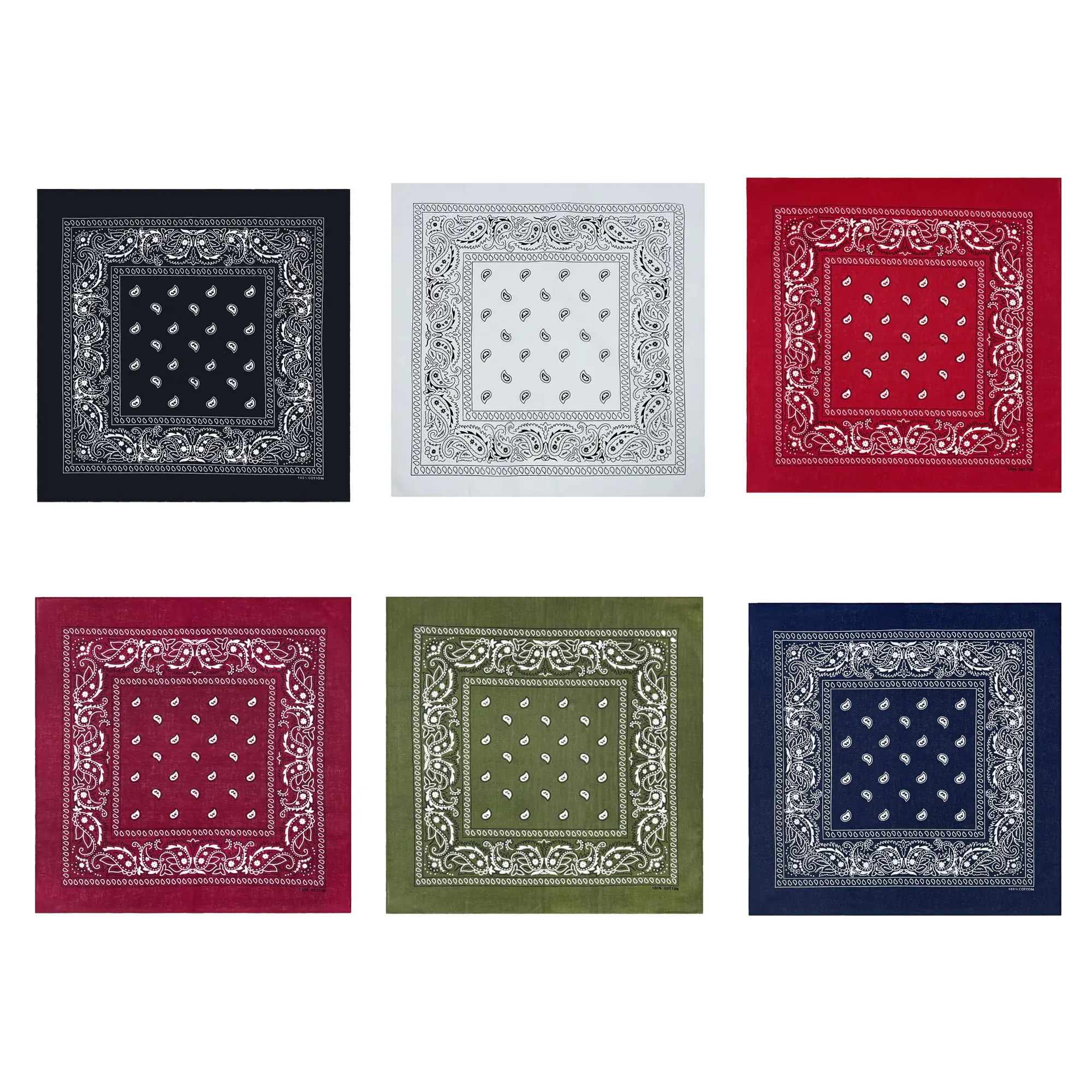 21x21 Inches 6 Classic Paisley Bandanas in Assorted Colors Soft 100% Cotton Unisex Design