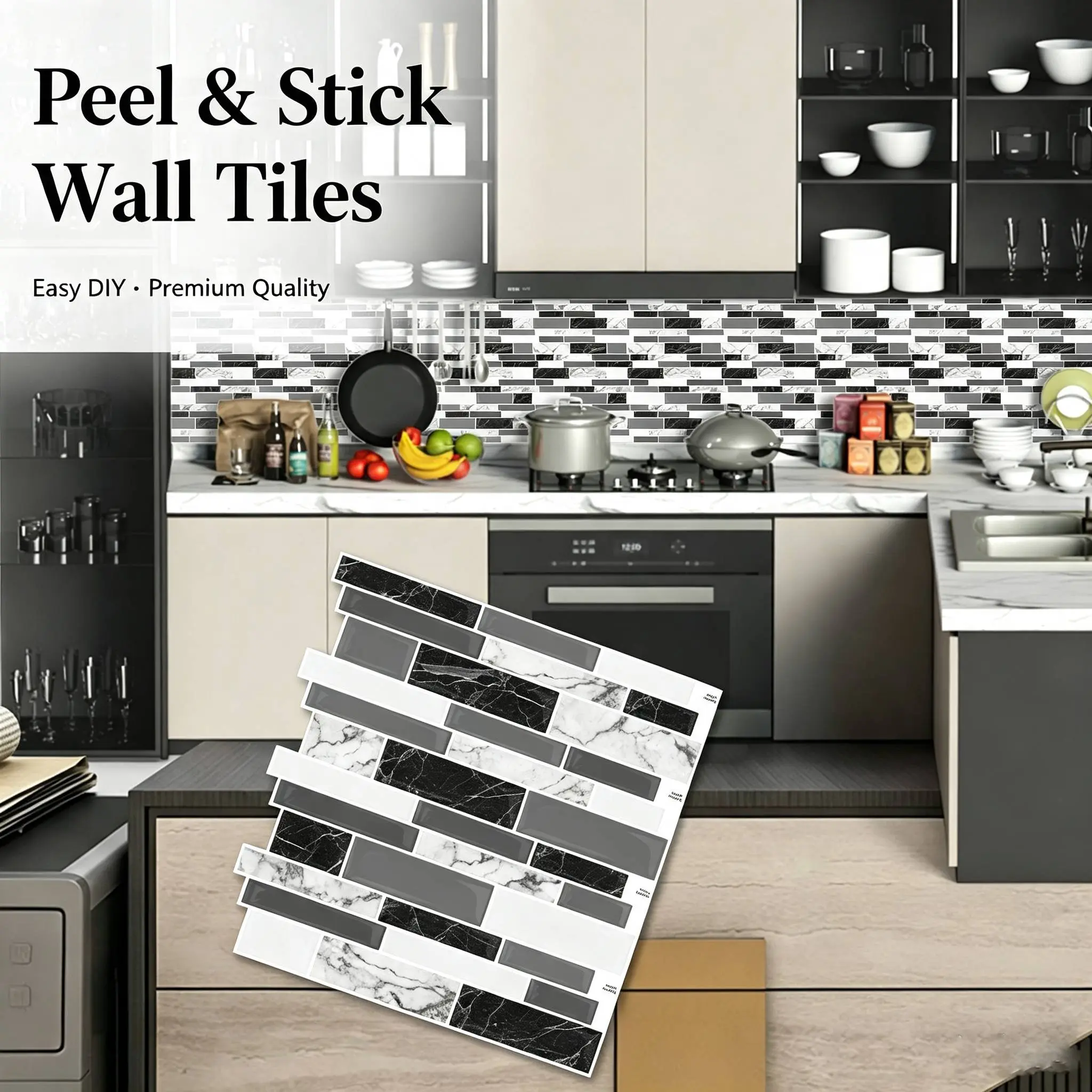 MOONFUN 10-Pack Black White Faux Marble Peel and Stick Wall Tiles, Self-Adhesive Waterproof Oil-Resistant Removable Backsplash Stickers for Kitchen DIY Home Decor