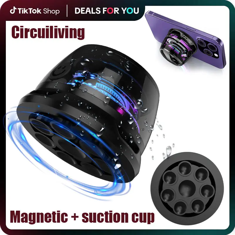 CircuiLiving G200 Compact Portable Magnetic-Suction Cup Bluetooth Speaker - IPX4 Waterproof, LED Light, TWS Stereo Surround Sound, Smartphone Holder, Cool Outdoor Gadgets, Car Use, iPhone & Android Compatible, Content Creation Tool, Guys Gifts, Sound Syst