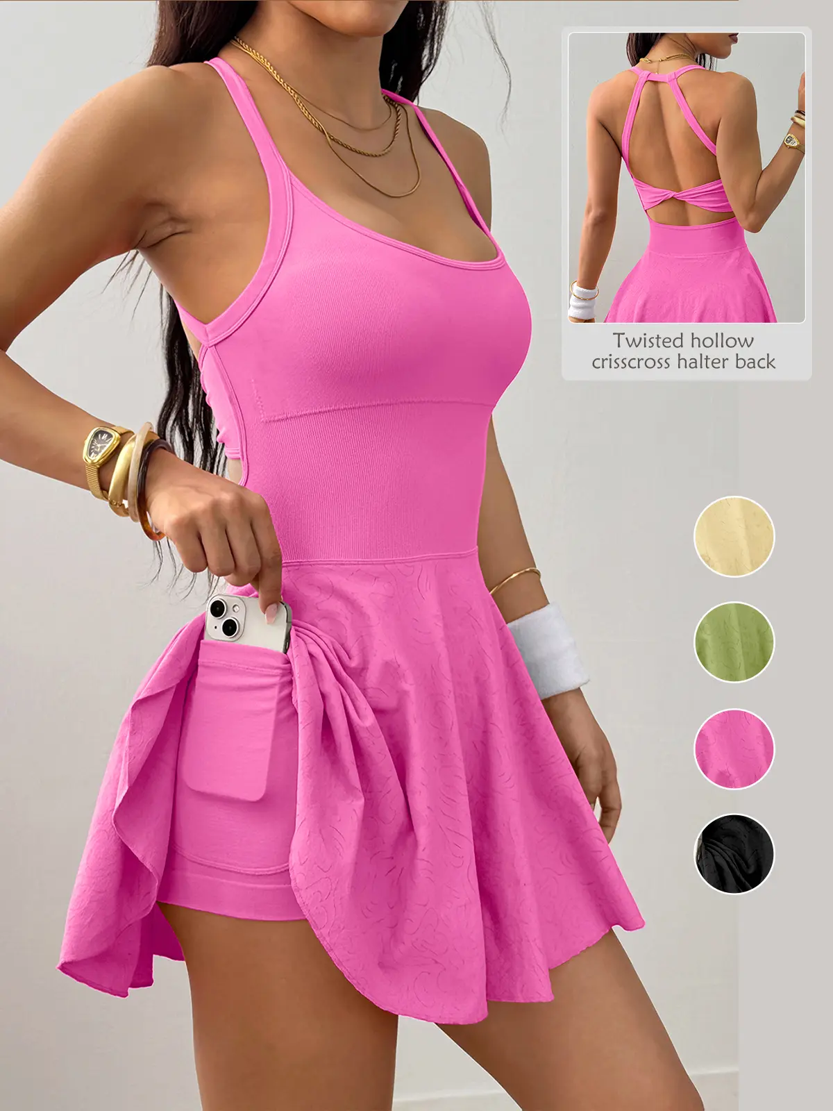 RIOJOY Women Sleeveless Tennis Dress Twisted Cutout Back Halter Embossed Textured Athletic Dress Built in Shorts with Pocket U-Neck Sport Dress With Removable Pads