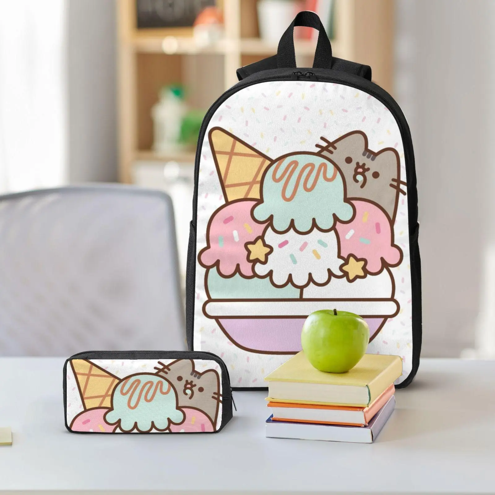 Cartoon Cat 3-Piece Backpack Set with Insulated Lunch Bag 