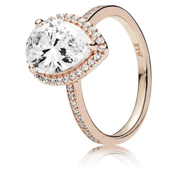 PANDORA Ring in PANDORA Rose with 1 claw-set pear-cut CZ and 46 bead-set clear CZ 186251CZ-48